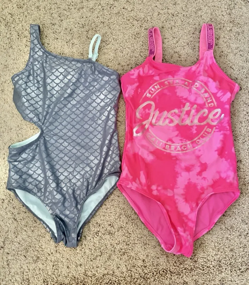 Lot Of 2 Justice Mermaid Logo Adjustable Straps One Piece Swimsuit Size 10